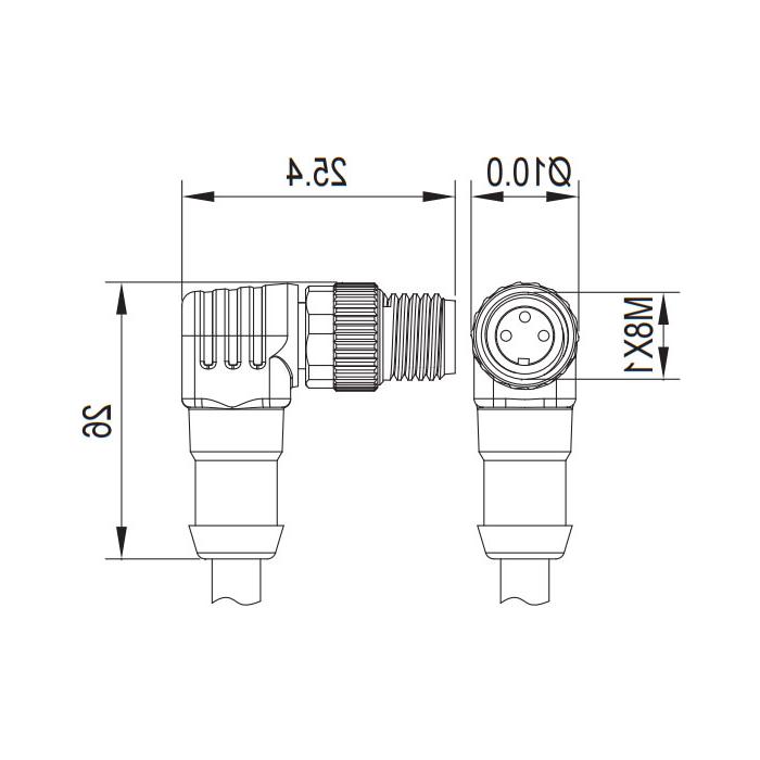 M8 3-PIN, male 90°, single-end precast PUR flexible cable, black sheathed, 63S201-XXX