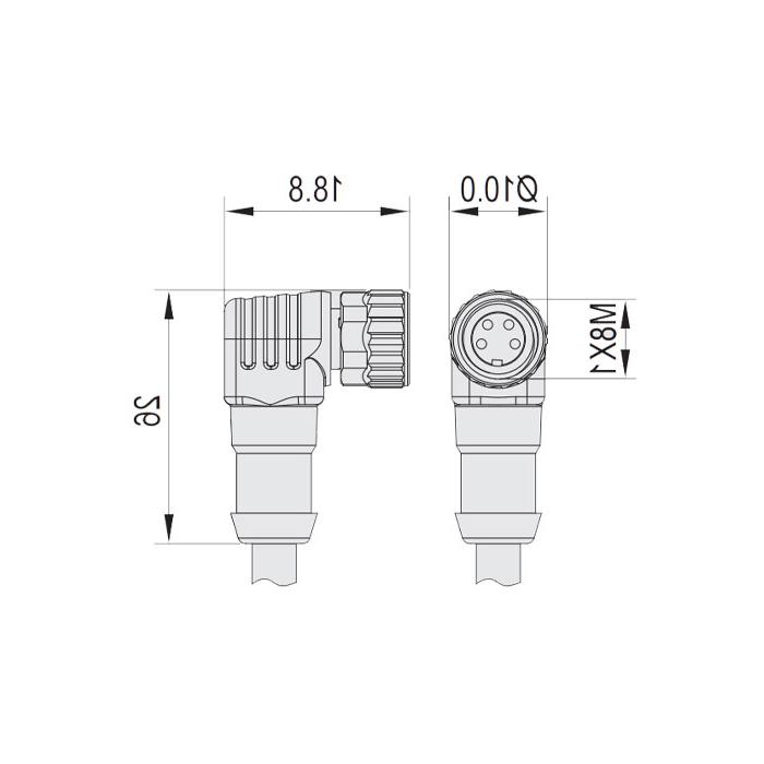 M8 4Pin、母头90°、Single-ended precast cable、防焊渣PUR材质、橙色护套、63T061-XXX